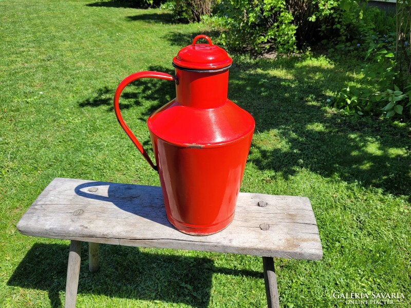 Old vintage enamel red enameled iron jug 7 l water jug decoration water jug bonyhád