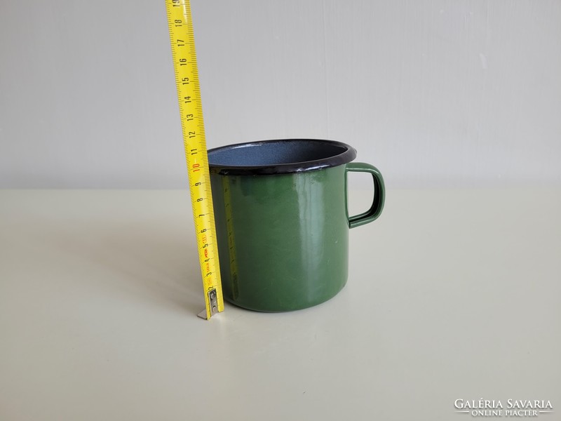 Old vintage 2 green and brown large enamel enameled metal mug utensils