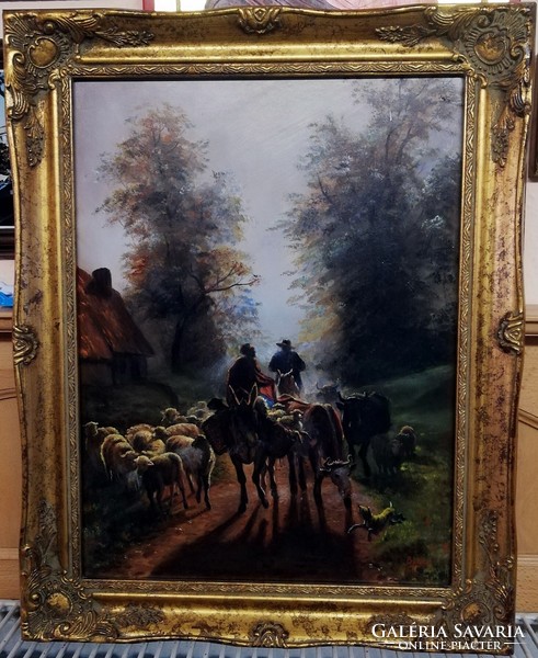 Wanderers - marked, classic oil painting (30 x 40, + new blonde frame, oil)