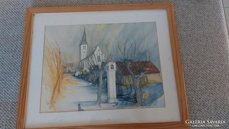 (K) watercolor village detail painting 53x44 cm
