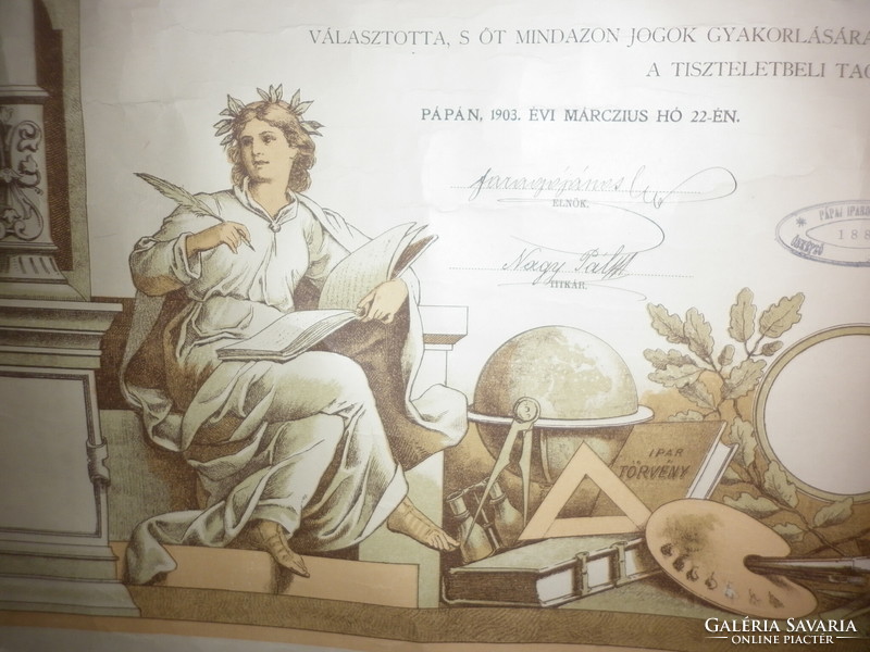 Antik nagyméretű oklevél iparos papír önképző egylet pápa 1903