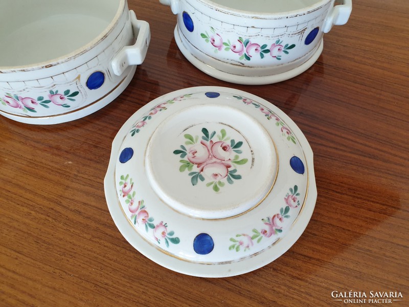 Old porcelain dish with rosy food lid and floral folk comma