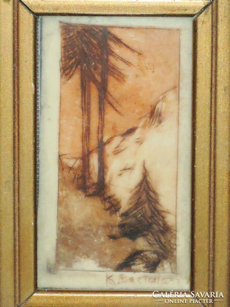 XIX. sz. Jelzett Miniatűr Csontkép Tájkép Hegy Hegyoldal Alpok Kárpátok Fenyves Fenyőerdő