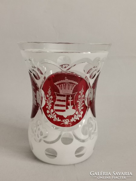 Antik bíborpácolt magyar koronás címeres üveg pohár