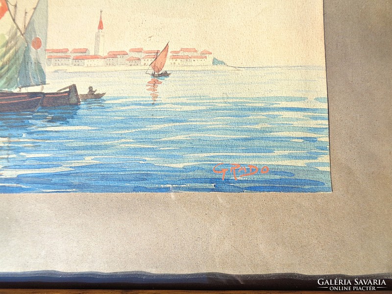 Városkép a tenger felől akvarell, keretben