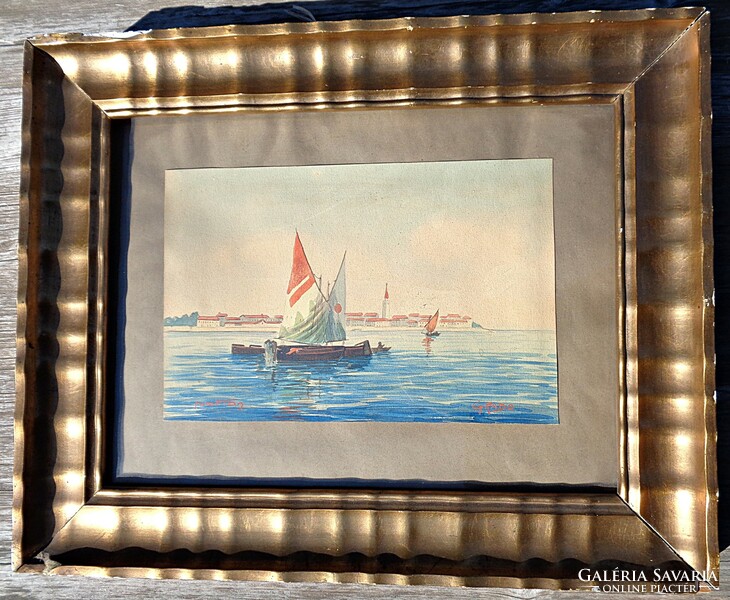 Cityscape from the sea in watercolor frame