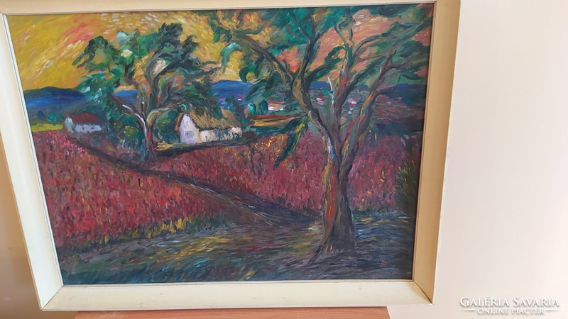 Nagyméretű tájkép, tanyakép festmény 86x66 cm