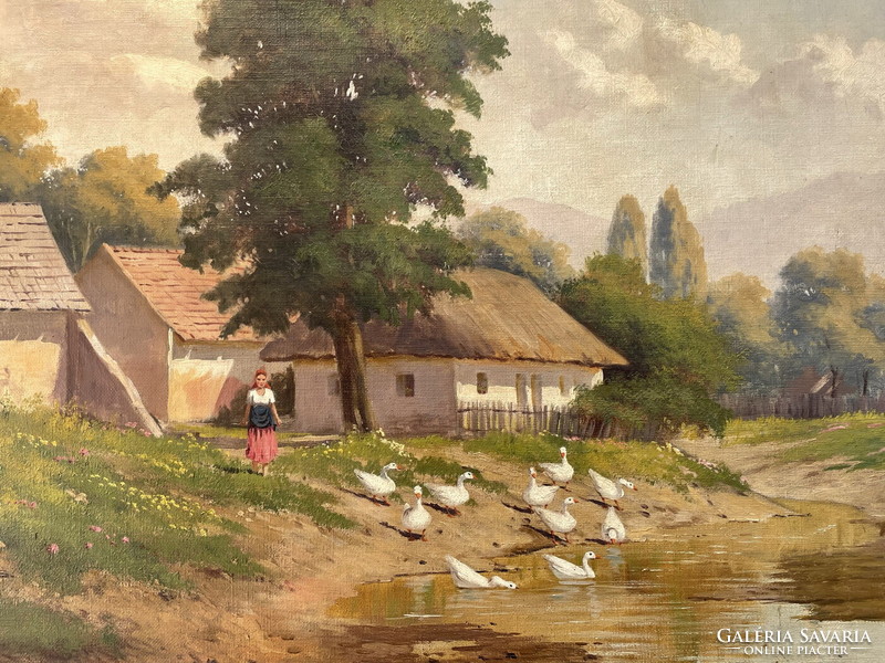 Béla Barsi: goose swimming at the end of the village 81x101cm !!!