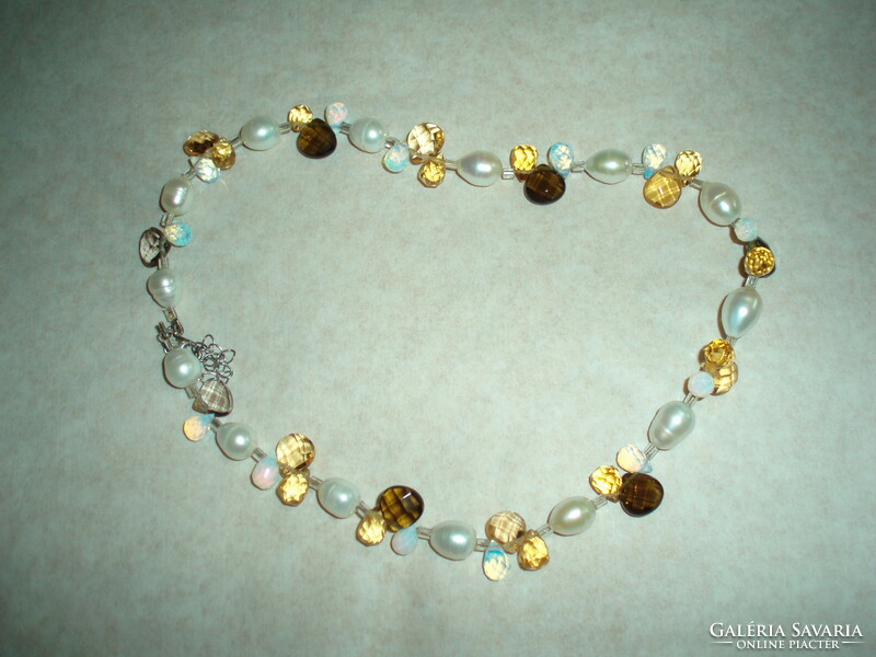 Vintage real pearl necklace with citrine, silver clasp