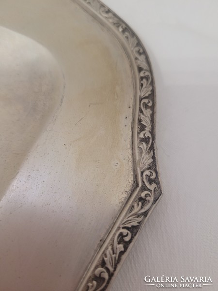 Antik, ezüst négyzetes alakú szerviztálca díszes peremmel