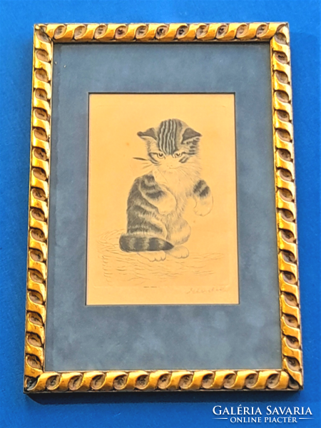 Etching depicting an old tabby kitten and cat in an antique frame (1930)