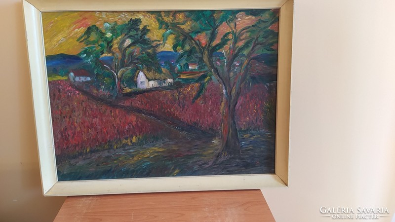 Nagyméretű tájkép, tanyakép festmény 86x66 cm