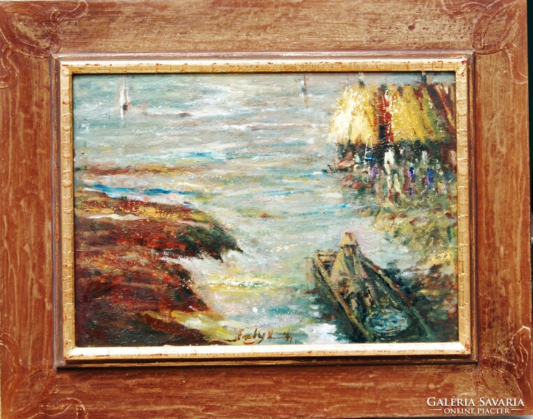 László Saly Németh (1920-2001): returning from fishing - oil painting, in a unique frame