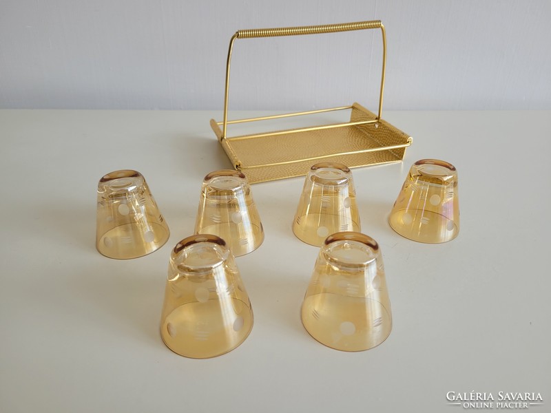 Retro old gold colored polka dot drink set with glass holder for mid century