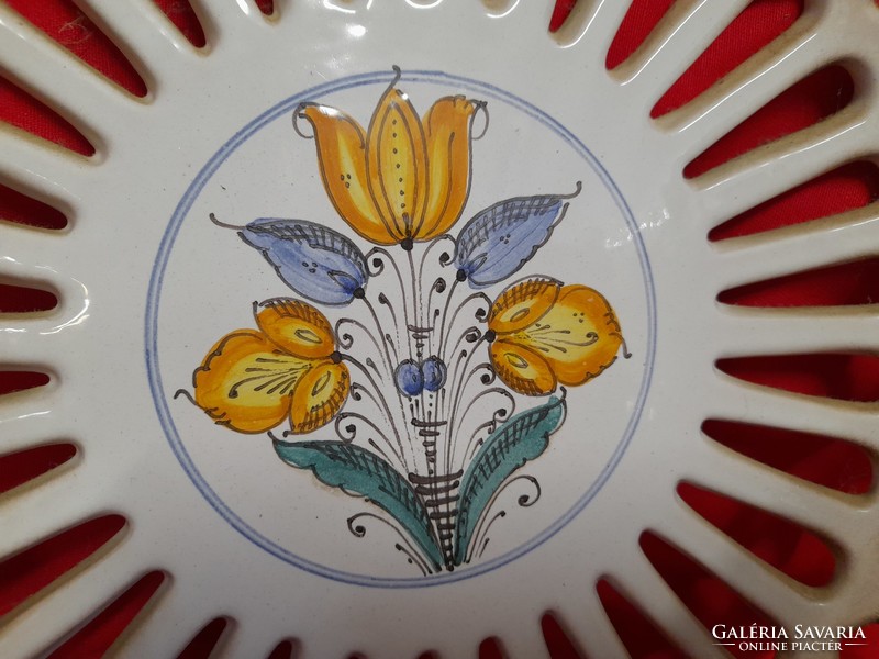 Openwork hand painted glazed ceramic wall plate, bowl.