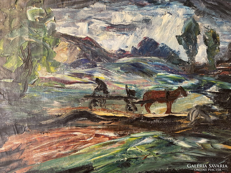 Stormy landscape of Nagybánya with horse-drawn carriage 1947 55,5x63,5cm