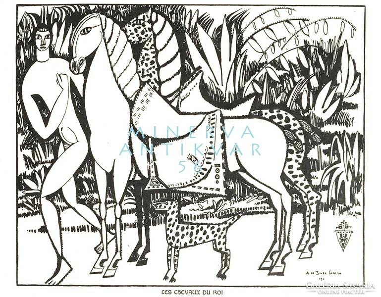 A. de Souza-Cardoso A király lovai 1912 art deco tusrajz reprint nyomata, két hátasló lovász kutya