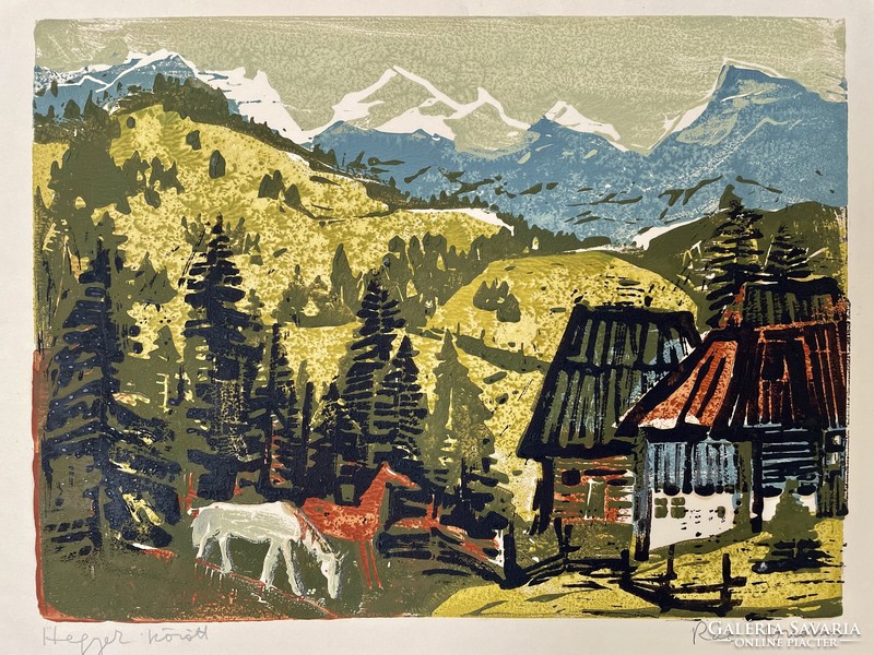 Original 46x56 cm linoleum engraving by András Rác (1926-2013)