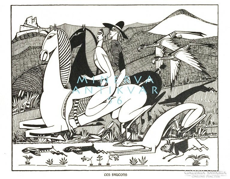 A. De souza-cardoso falcons 1912 art deco ink drawing reprint print galloping horse equestrian rabbit dog greyhound