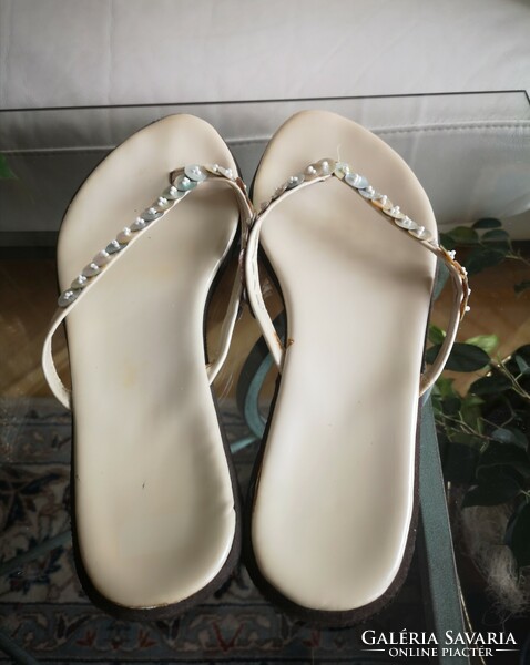 Pearl slippers 41-42, hand-sewn, needlework, exotic flip-flops slippers