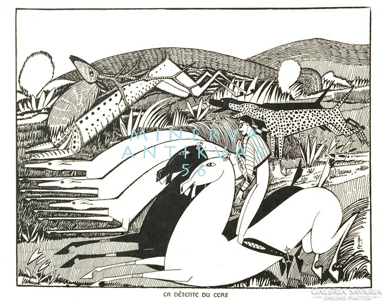 A. De souza-cardoso the escape of the deer 1912 art deco ink reprint print, equestrian greyhound