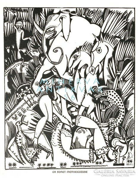 A. De Souza-Cardoso in the amazing forest 1912 art deco ink drawing reprint print, jungle animals horses