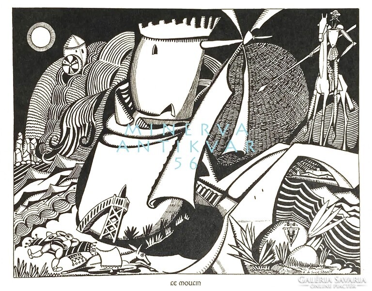 A. de Souza-Cardoso A malom 1912 art deco tusrajz reprint nyomata Don Quijote Cervantes lovag páncél