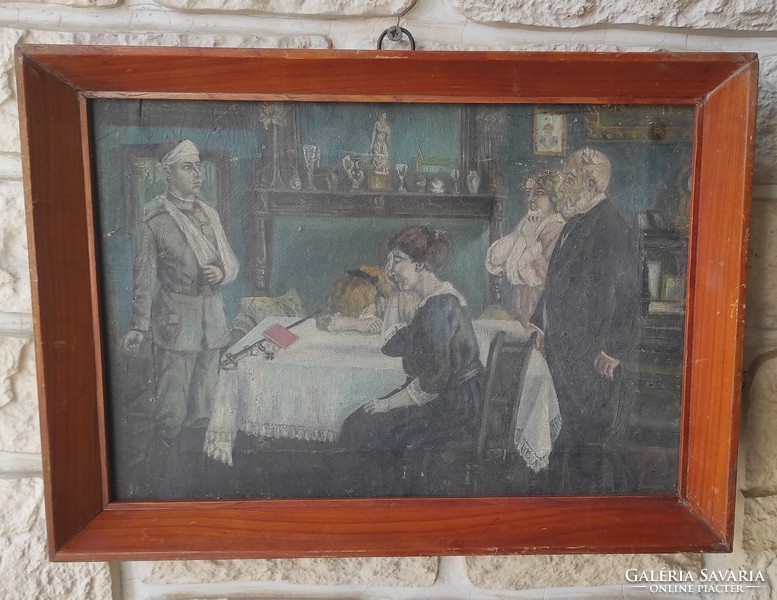 Antique painting, military nature .Free soldier of the First World War.