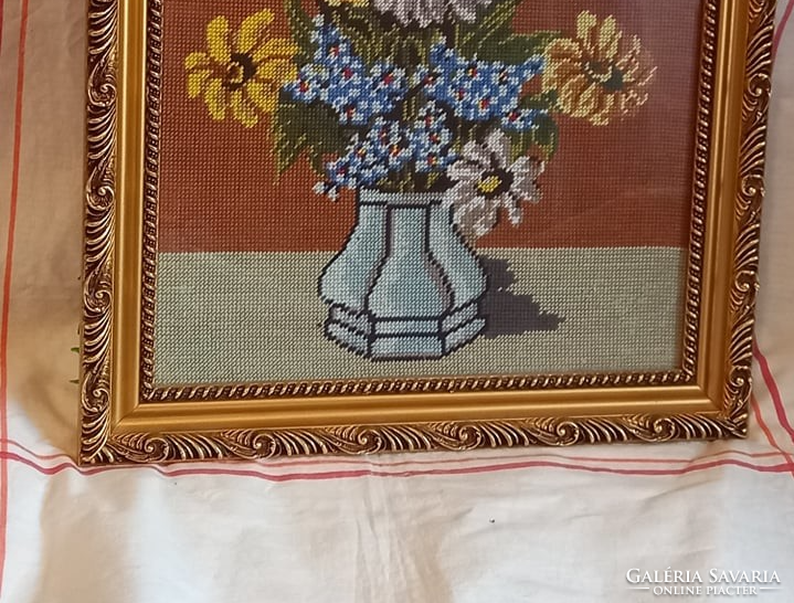 Glazed floral still life goblein in a decorative plastic picture frame