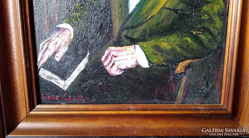 Sipos Csaba : A könyvtárban (olaj vásznon, 24x30 cm) festmény fa keretben
