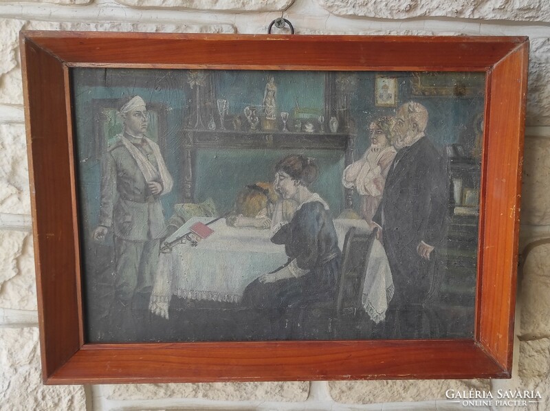Antique painting, military nature .Free soldier of the First World War.