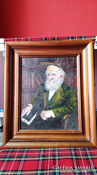 Sipos Csaba : A könyvtárban (olaj vásznon, 24x30 cm) festmény fa keretben
