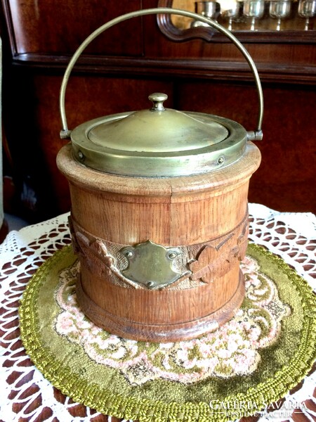 Antique biscuit box with porcelain insert, bonbonier wood, with silver-plated alpaca fittings