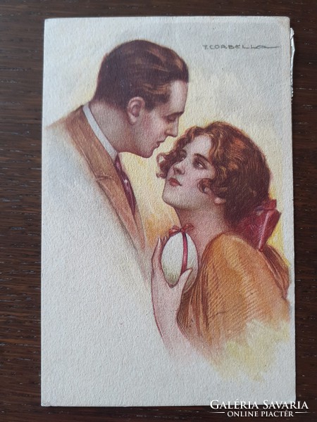 Old postcard 1924 tito corbella artist drawing couple in love art deco postcard