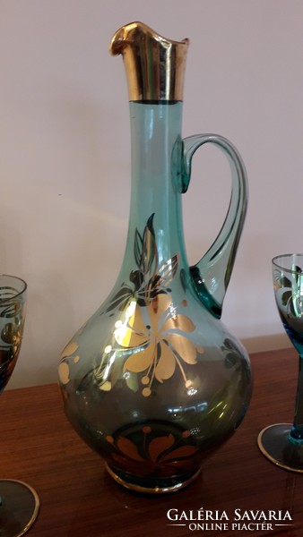 Retro glass drink set old turquoise gold floral stemware glass jug 6 pcs