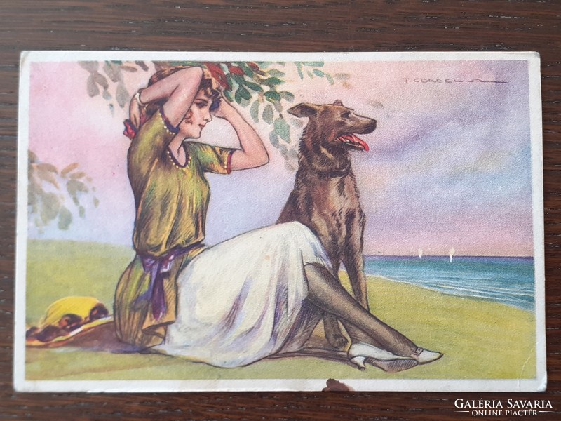 Régi 1923 képeslap Tito Corbella művészrajz hölgy kutyával art deco levelezőlap