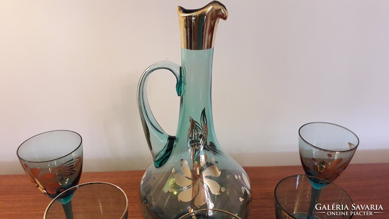 Retro glass drink set old turquoise gold floral stemware glass jug 6 pcs