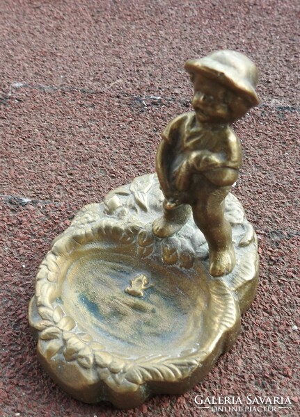 Bronze figural ring holder / ashtray - a figure of a man peeing on a frog in a pond