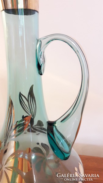 Retro glass drink set old turquoise gold floral stemware glass jug 6 pcs