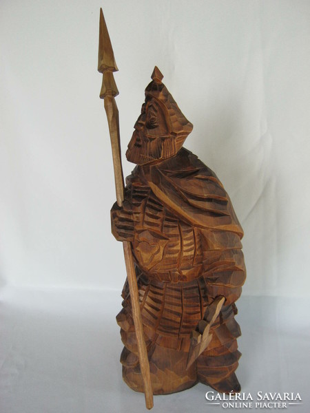 Viking warrior with spear and ax carved wooden statue handmade wood carving