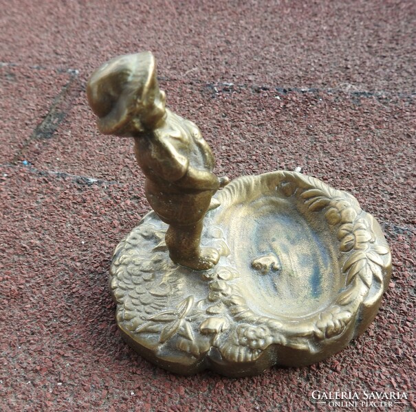 Bronze figural ring holder / ashtray - a figure of a man peeing on a frog in a pond