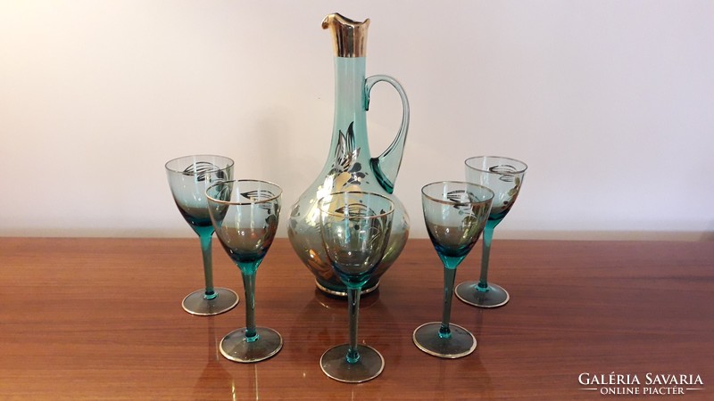 Retro glass drink set old turquoise gold floral stemware glass jug 6 pcs