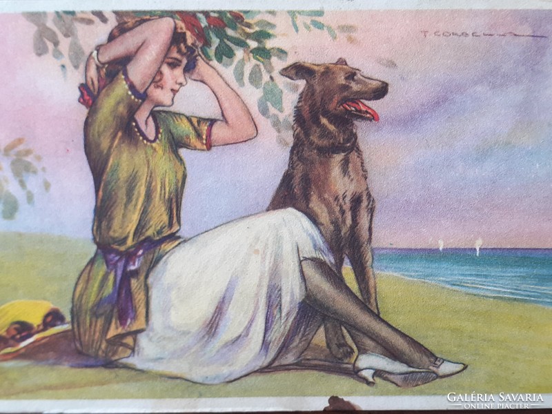 Old 1923 postcard tito corbella artist drawing lady with dog art deco postcard