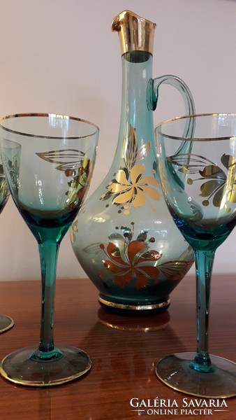 Retro glass drink set old turquoise gold floral stemware glass jug 6 pcs