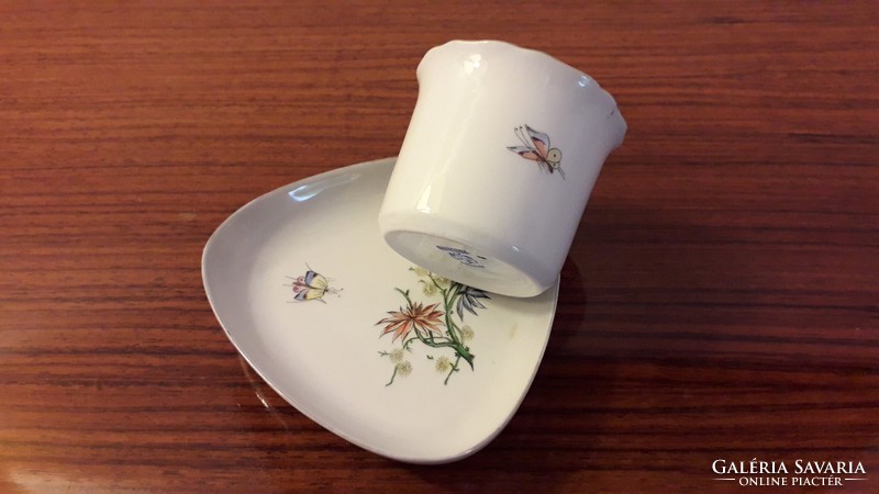 Old aquincum budapest porcelain floral butterfly bowl small ashtray cigarette holder 2 pcs