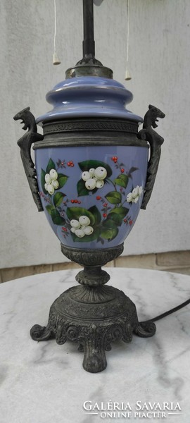 Antik lámpa, petróleum lámpa villanyosítva,1800-as évek , kézifestett üveg test