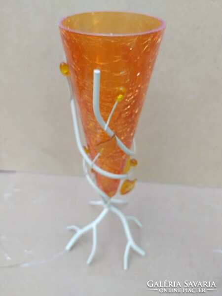Retro cracked glass vase, metal base, flawless, 28 cm