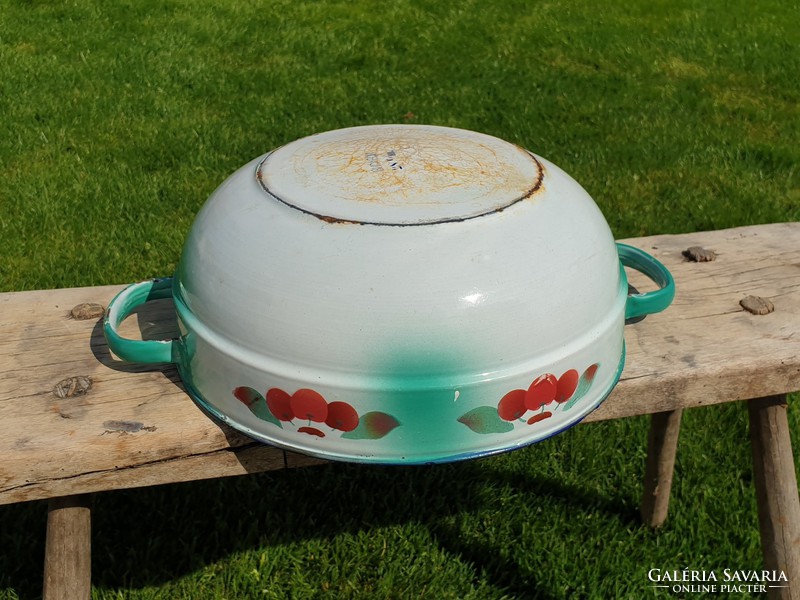Old vintage enameled cherry pattern enameled large bowl with legs Budafok decoration