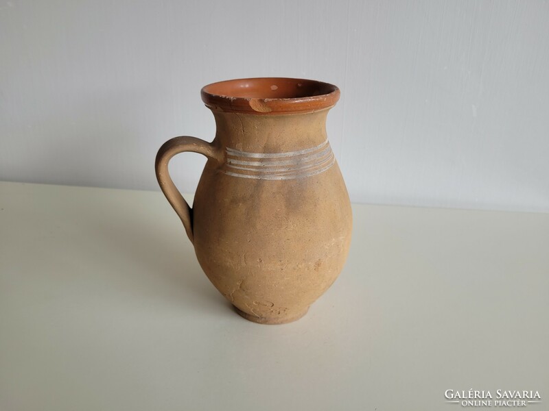 Old vintage striped folk earthenware glazed vessel milk jug with handle 22.5 cm earthenware jug