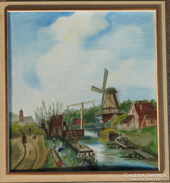 Unknown artist - oil / canvas painting - marked - life picture with windmill